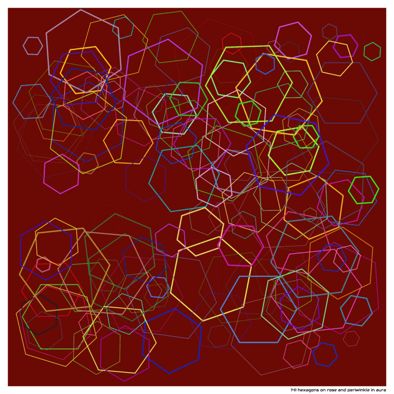 141 hexagons on rose and periwinkle in aura