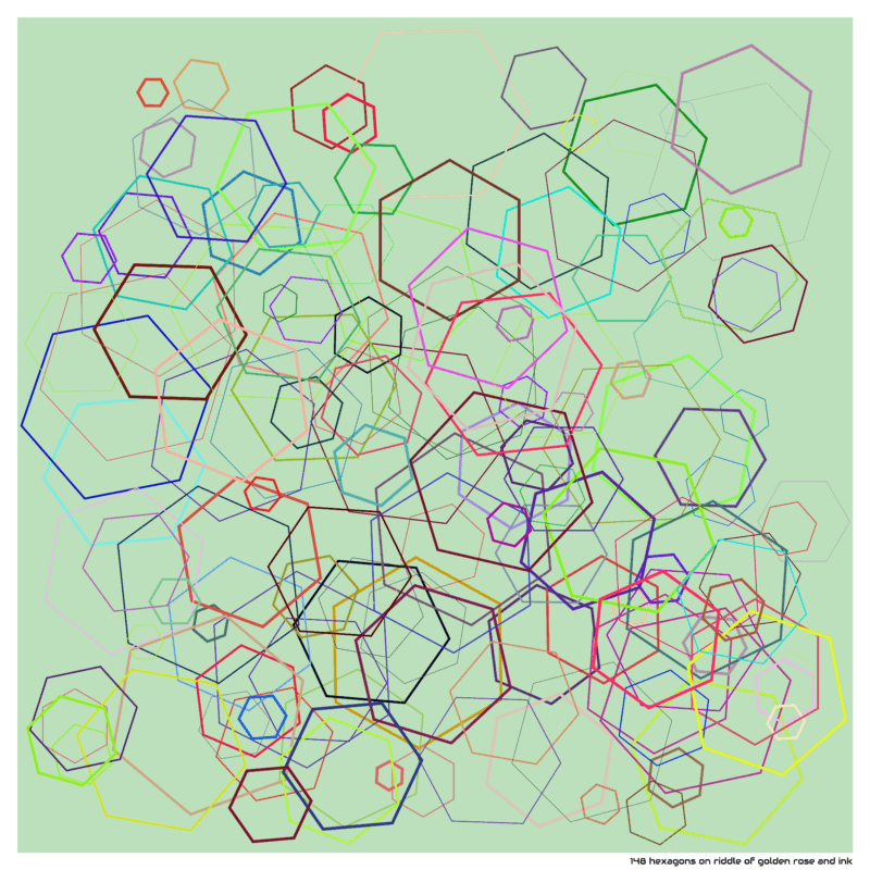 148 hexagons on riddle of golden rose and ink