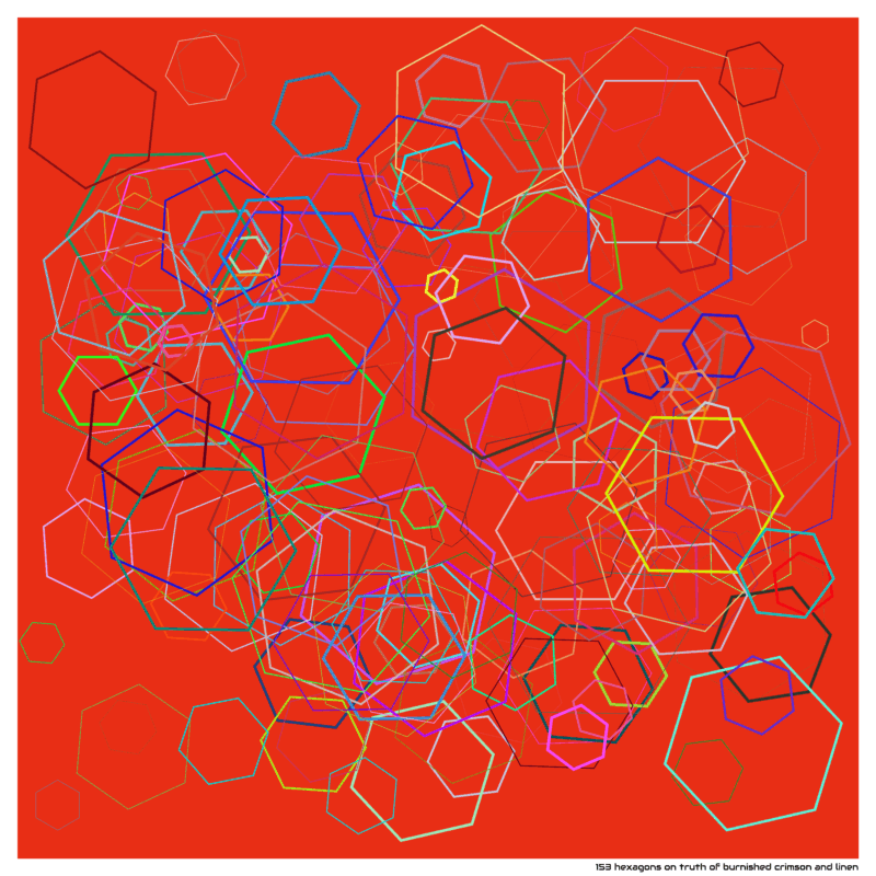 153 hexagons on truth of burnished crimson and linen