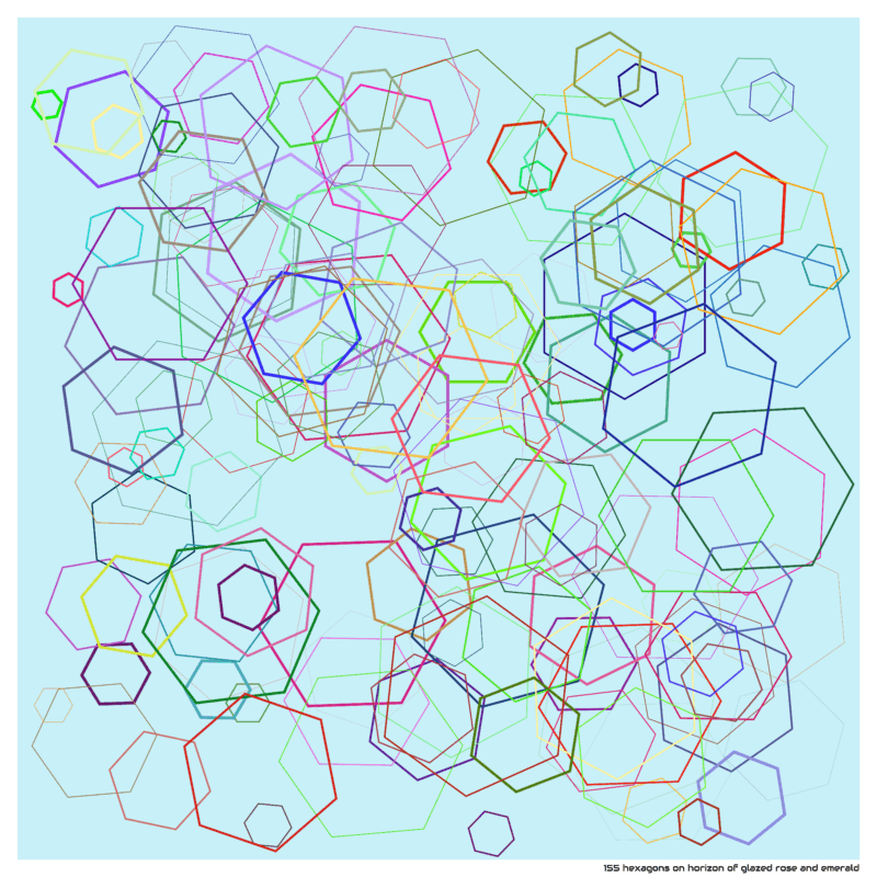 155 hexagons on horizon of glazed rose and emerald