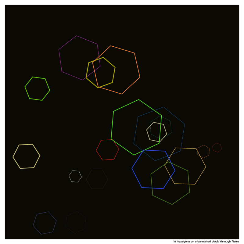 19 hexagons on a burnished black through flame
