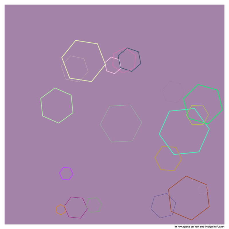 19 hexagons on tan and indigo in fusion