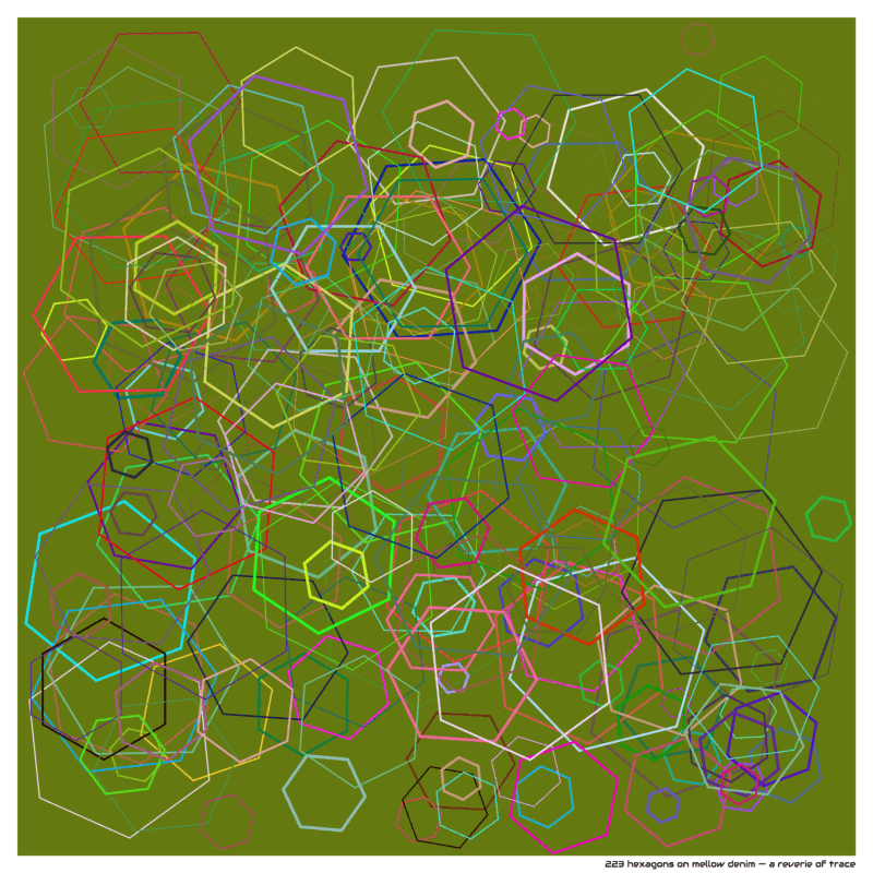 223 hexagons on mellow denim — a reverie of trace