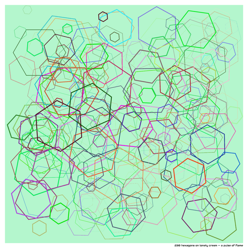 230 hexagons on lonely cream — a pulse of flame