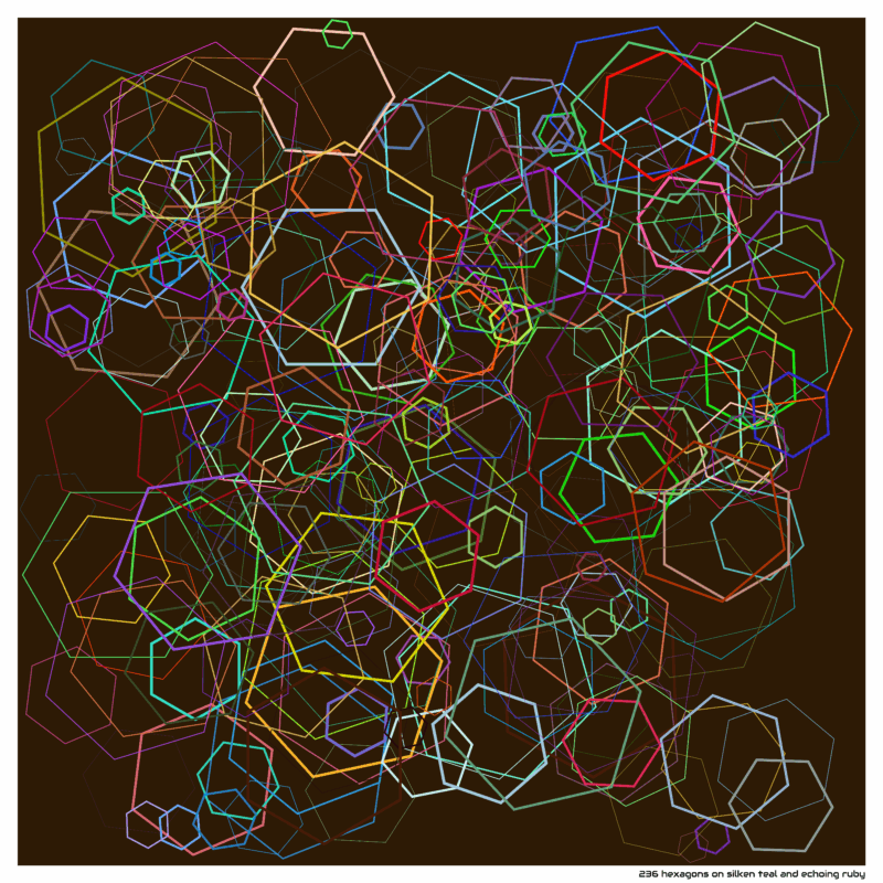 236 hexagons on silken teal and echoing ruby
