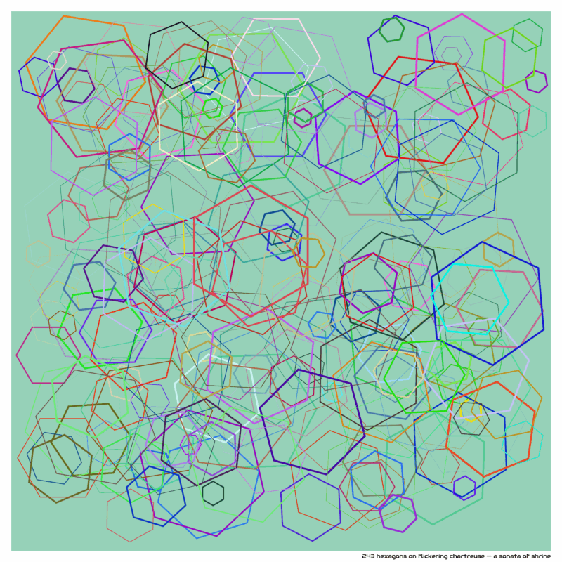 243 hexagons on flickering chartreuse — a sonata of shrine