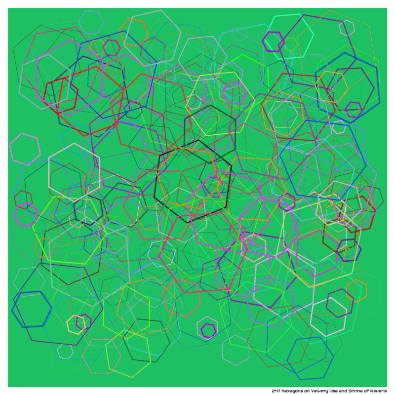 247 hexagons on Velvety lime and Shrine of Reverie