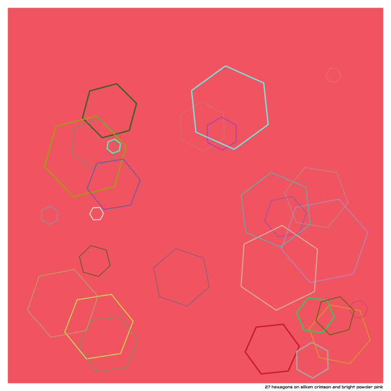27 hexagons on silken crimson and bright powder pink