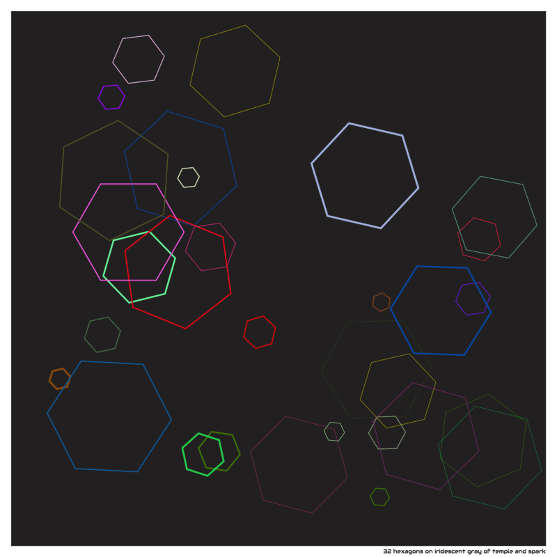 32 hexagons on iridescent gray of temple and spark