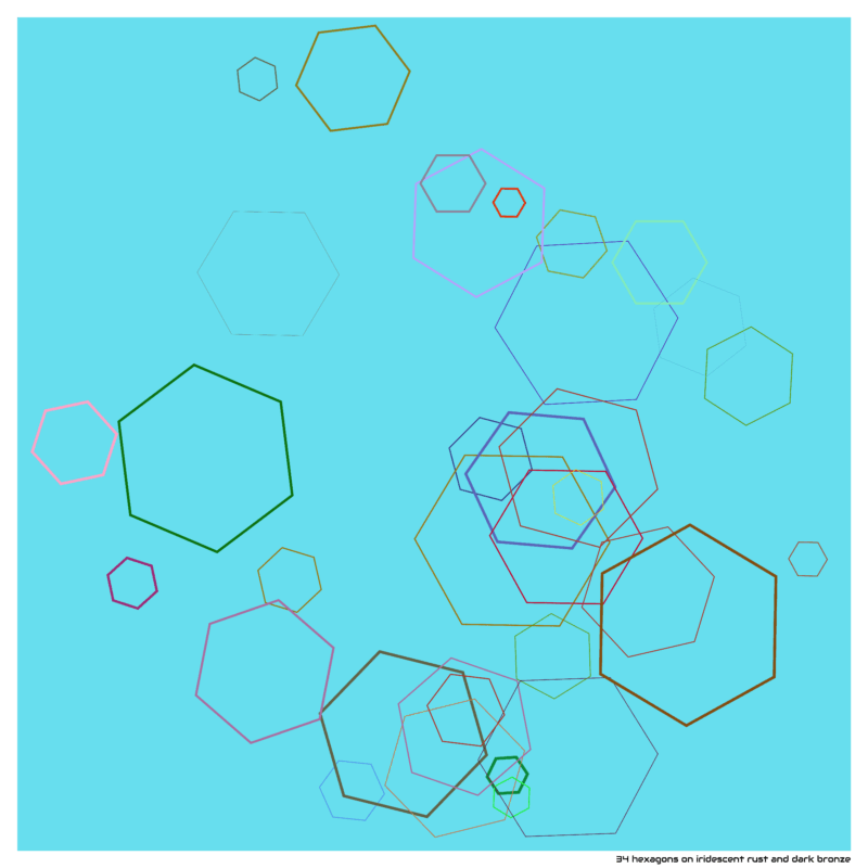 34 hexagons on iridescent rust and dark bronze