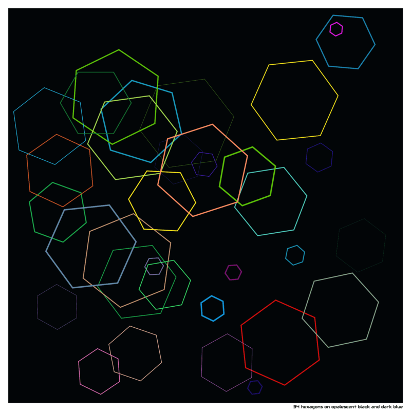 34 hexagons on opalescent black and dark blue
