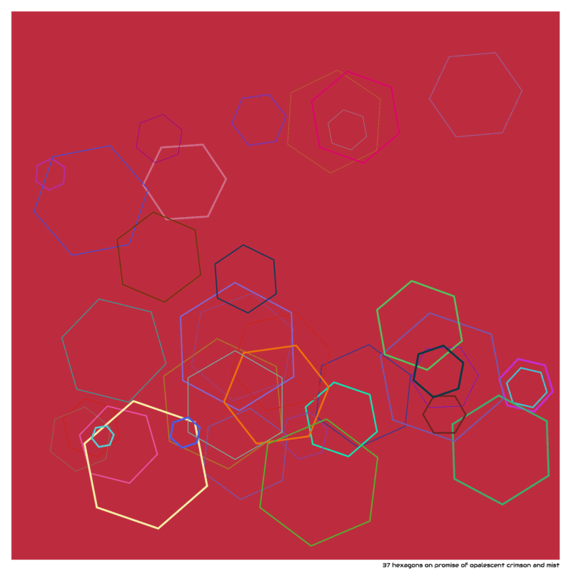 37 hexagons on promise of opalescent crimson and mist