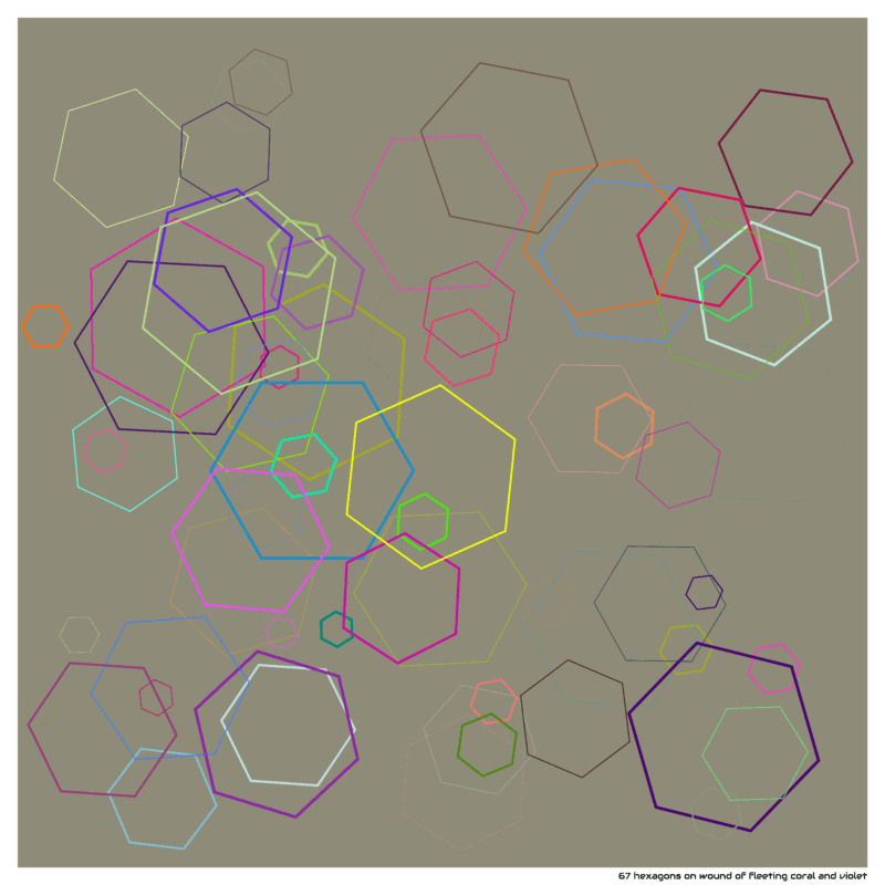 67 hexagons on wound of fleeting coral and violet