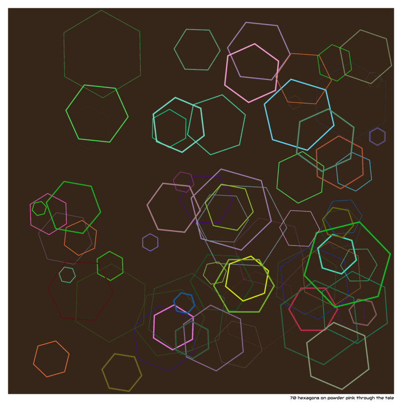 70 hexagons on powder pink through the tale