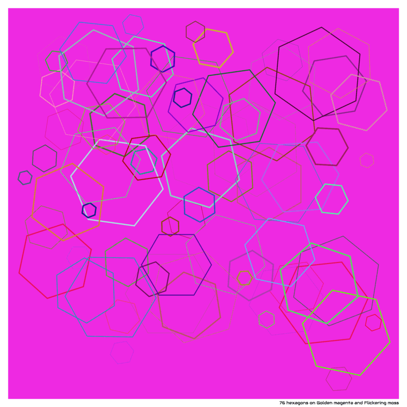 76 hexagons on Golden magenta and Flickering moss