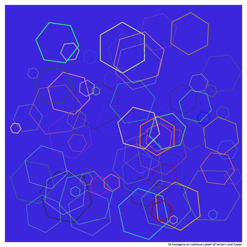 76 hexagons on luminous cobalt of lantern and fusion