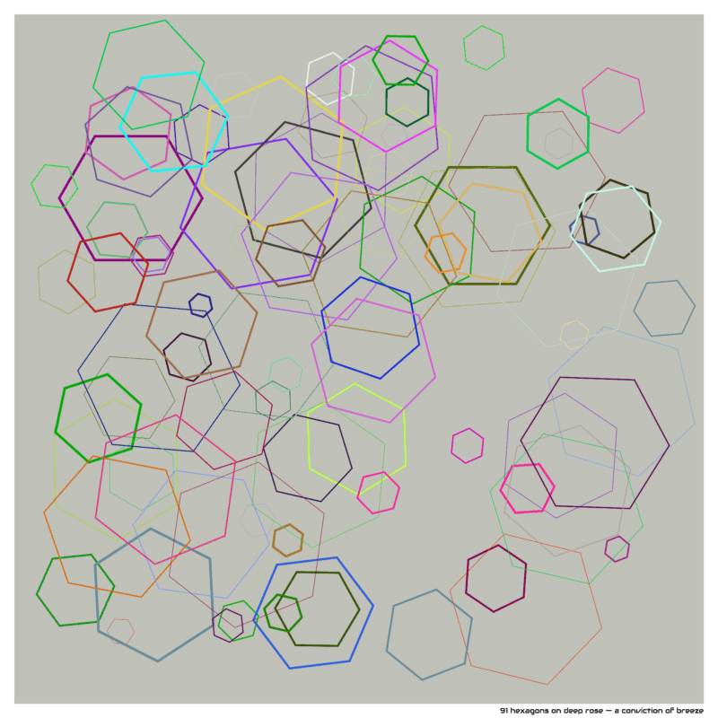 91 hexagons on deep rose — a conviction of breeze