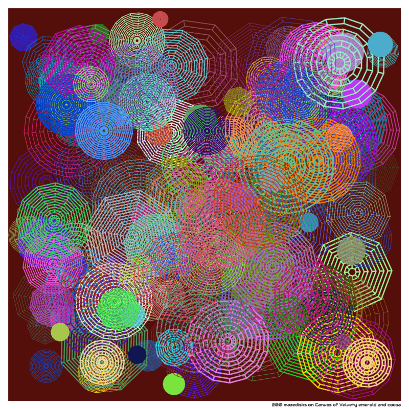 200 mazedisks on Canvas of Velvety emerald and cocoa