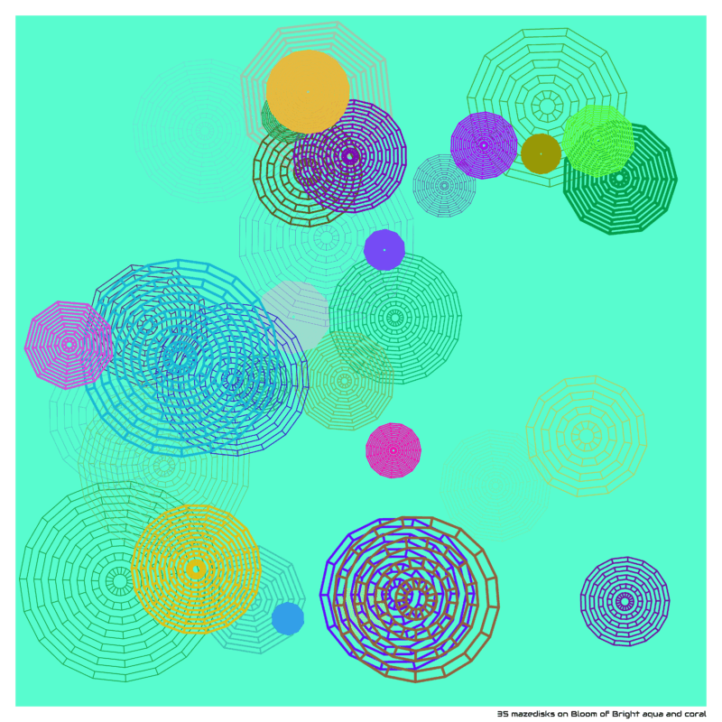 35 mazedisks on Bloom of Bright aqua and coral
