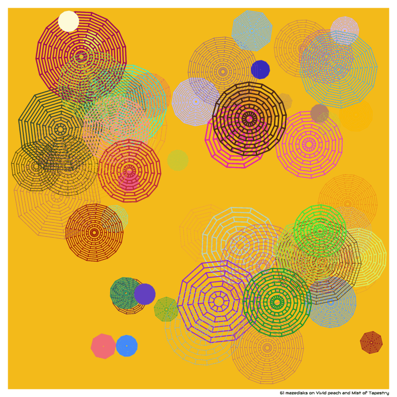 61 mazedisks on Vivid peach and Mist of Tapestry