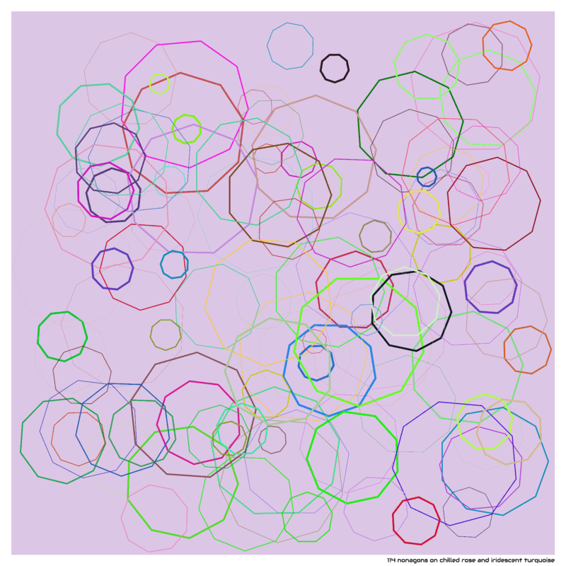 114 nonagons on chilled rose and iridescent turquoise