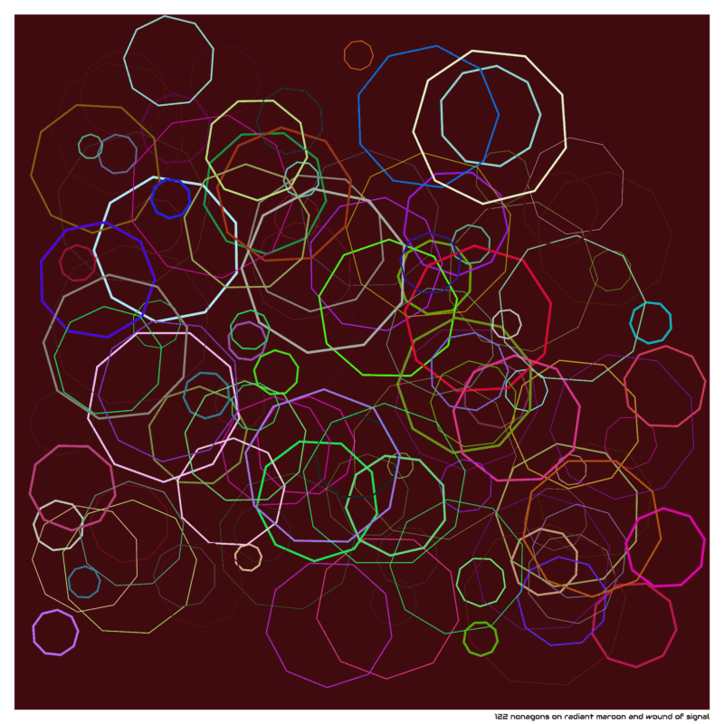 122 nonagons on radiant maroon and wound of signal