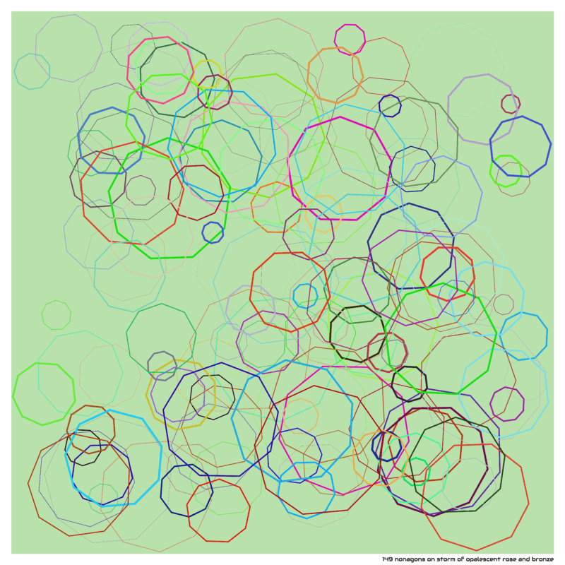 149 nonagons on storm of opalescent rose and bronze