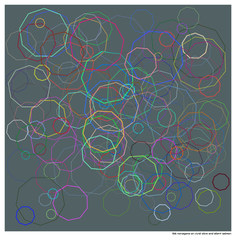 156 nonagons on vivid olive and silent salmon