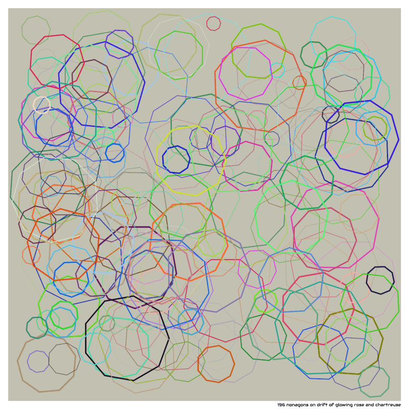 196 nonagons on drift of glowing rose and chartreuse