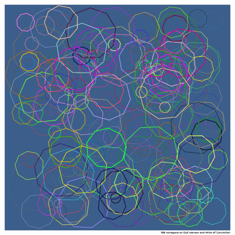 198 nonagons on Dull maroon and Whim of Conviction