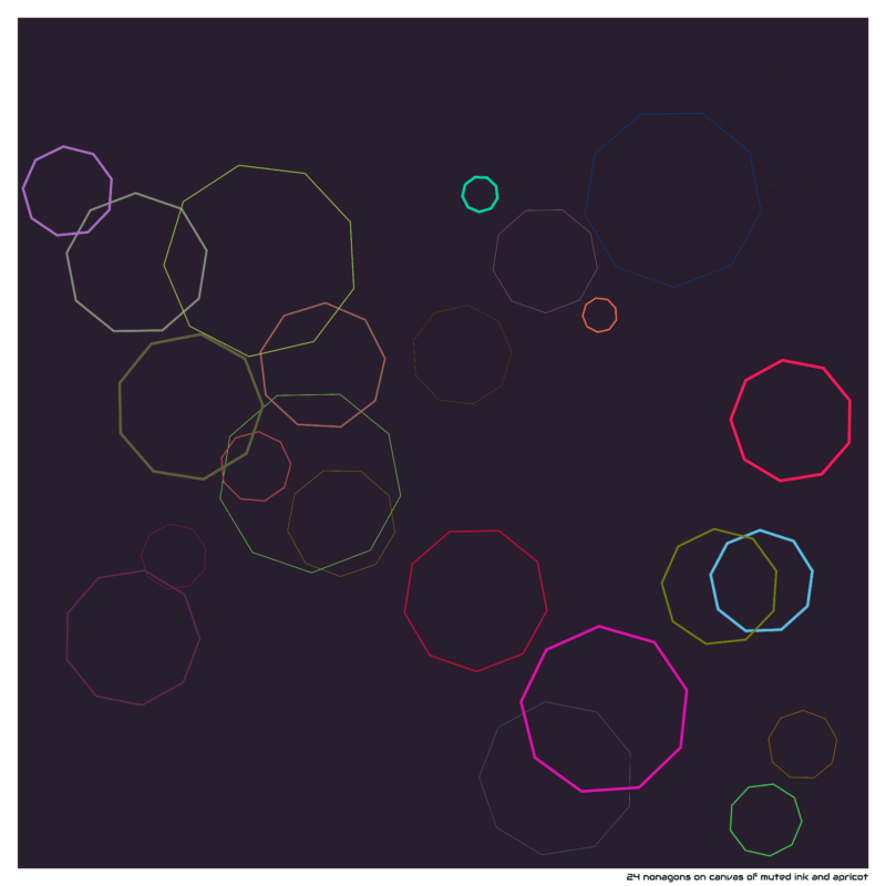 24 nonagons on canvas of muted ink and apricot