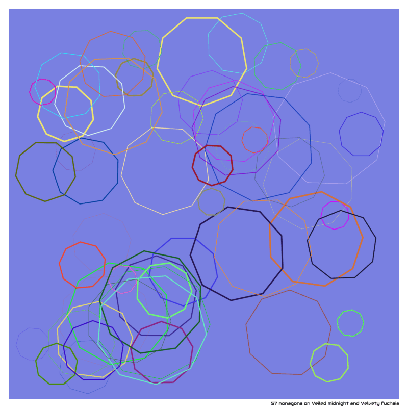 57 nonagons on Veiled midnight and Velvety fuchsia