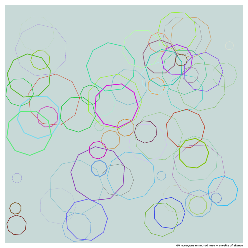 64 nonagons on muted rose — a waltz of silence