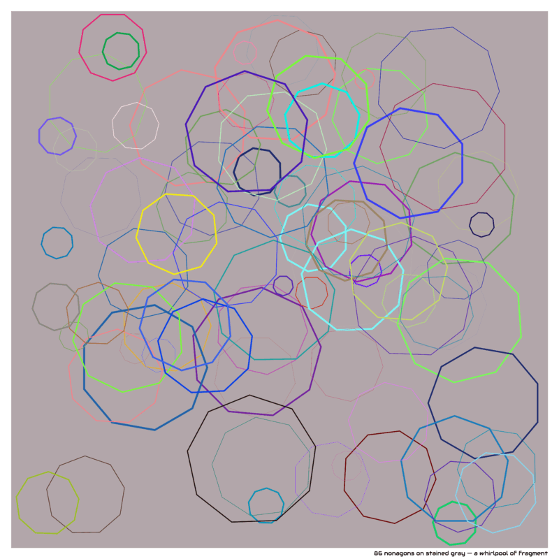 86 nonagons on stained gray — a whirlpool of fragment