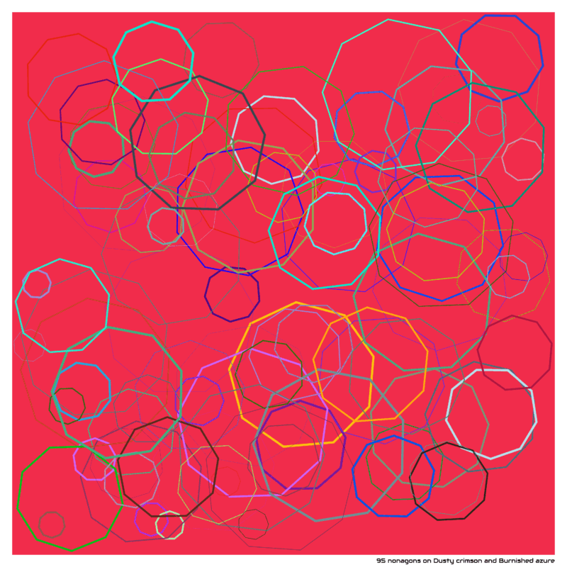 95 nonagons on Dusty crimson and Burnished azure