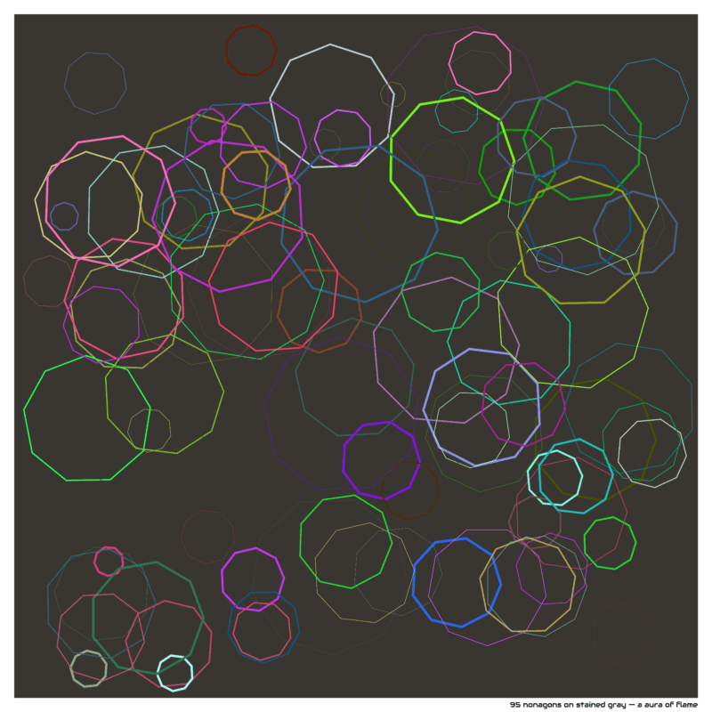 95 nonagons on stained gray — a aura of flame