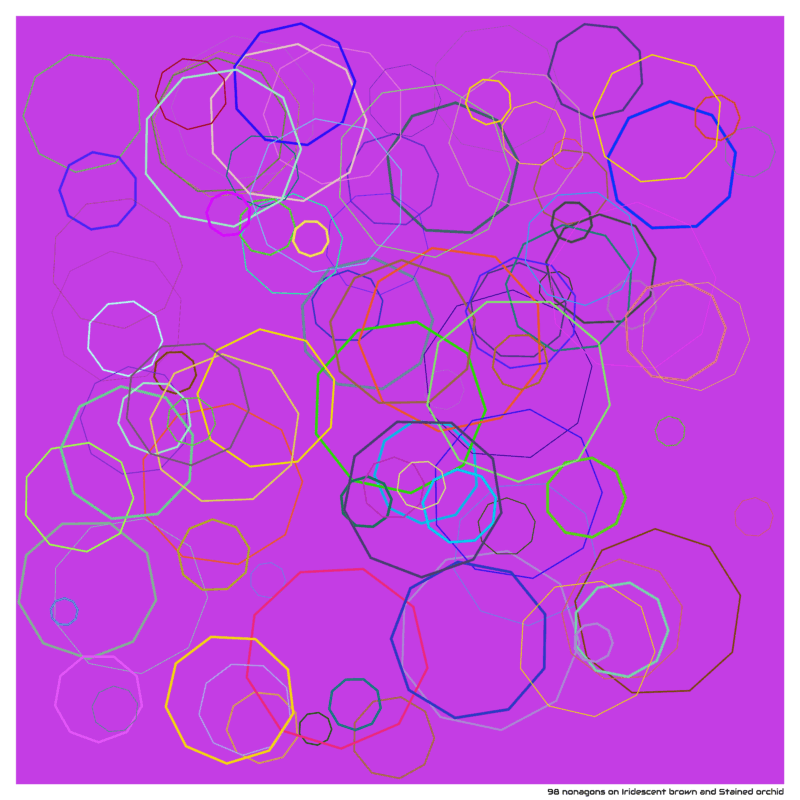 98 nonagons on Iridescent brown and Stained orchid