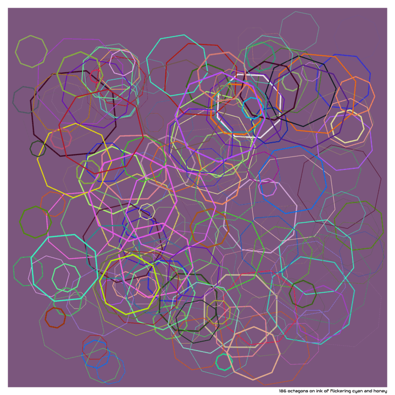 186 octagons on ink of flickering cyan and honey