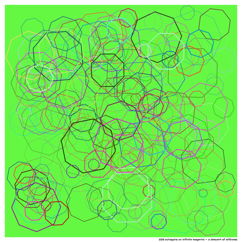 228 octagons on infinite magenta — a descent of stillness