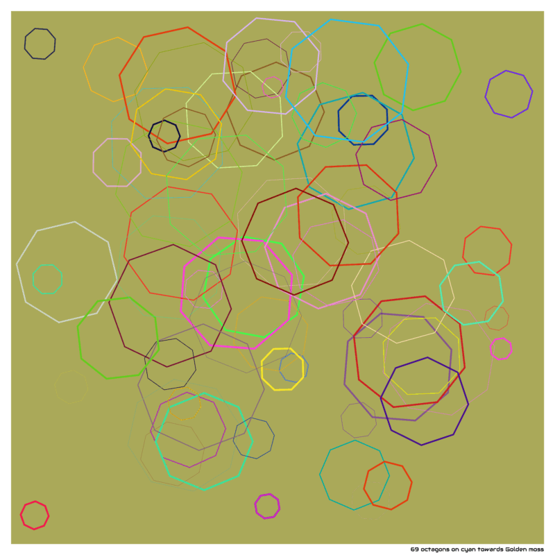 69 octagons on cyan towards Golden moss