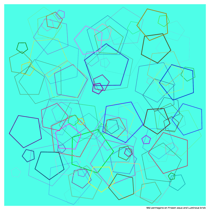 102 pentagons on Frozen aqua and Luminous brick