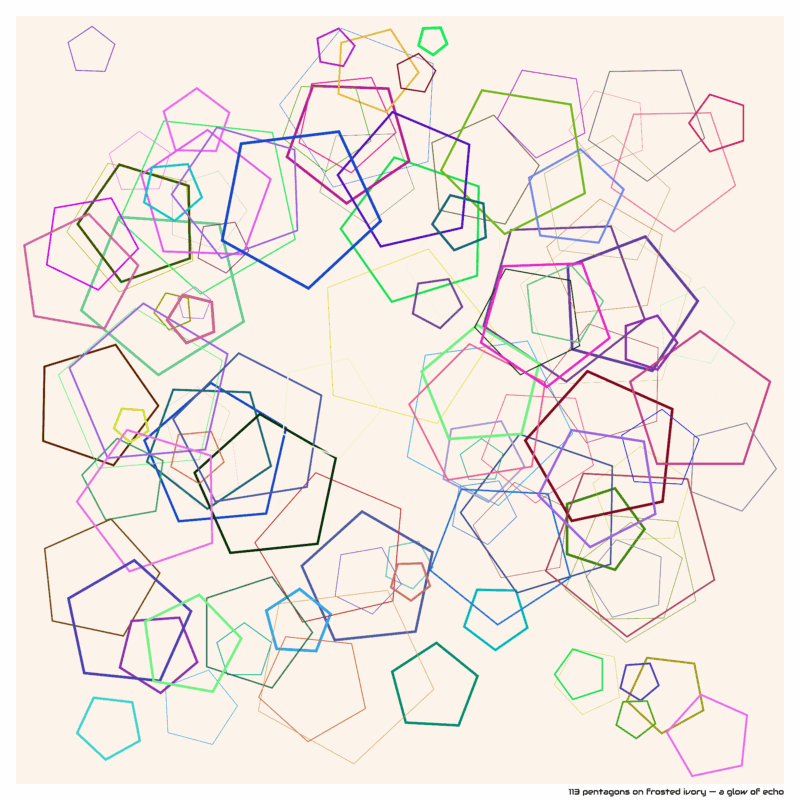 113 pentagons on frosted ivory — a glow of echo