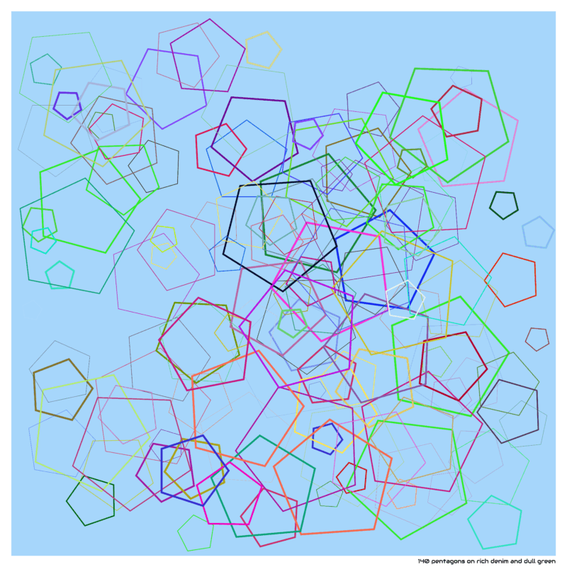 140 pentagons on rich denim and dull green