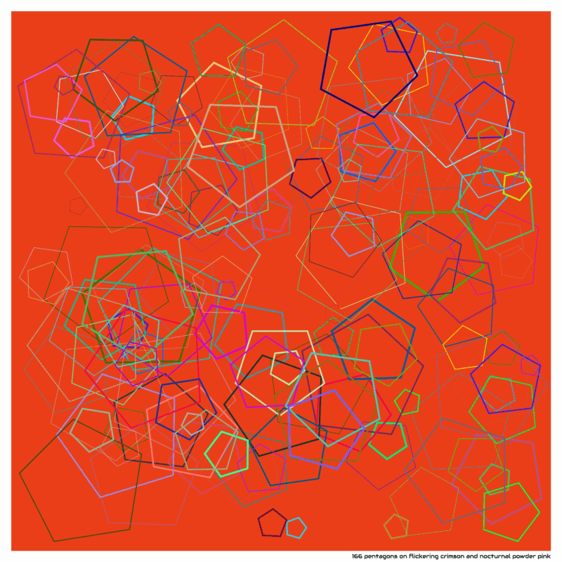 166 pentagons on flickering crimson and nocturnal powder pink