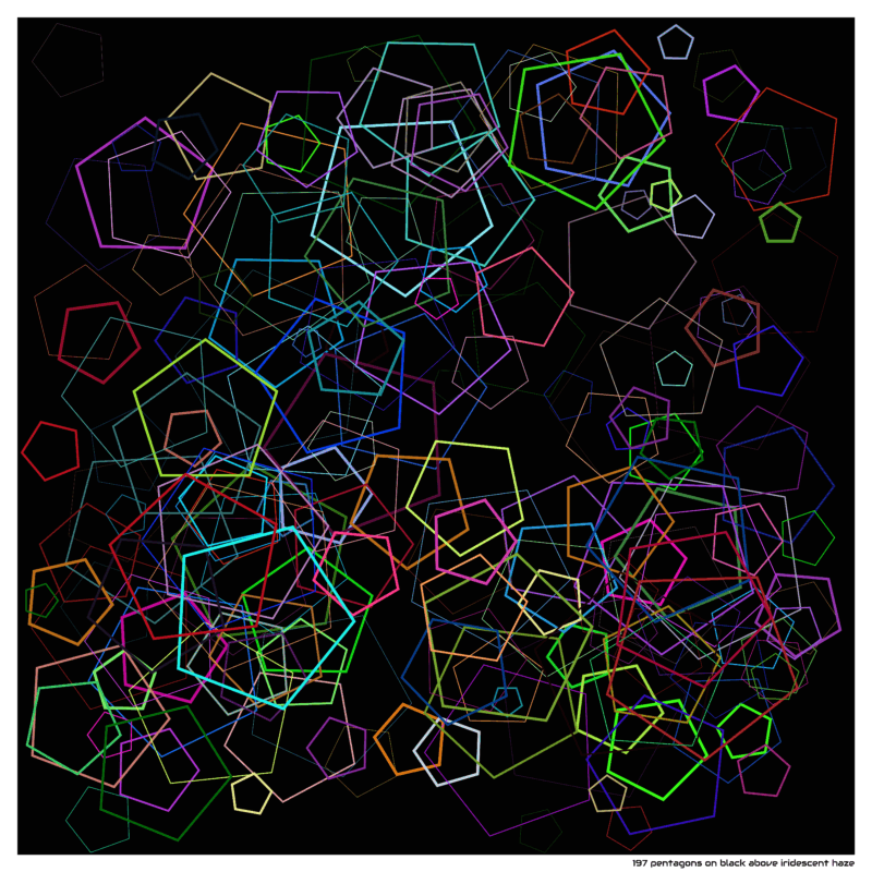 197 pentagons on black above iridescent haze