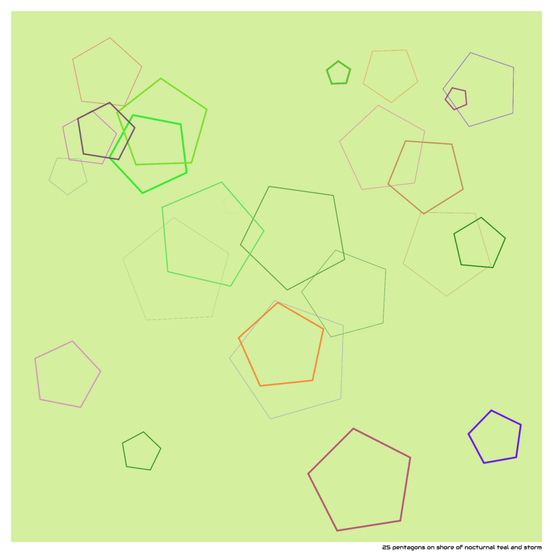 25 pentagons on shore of nocturnal teal and storm
