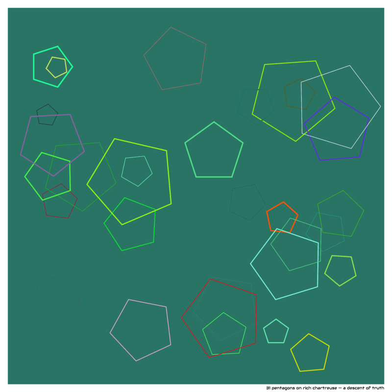 31 pentagons on rich chartreuse — a descent of truth