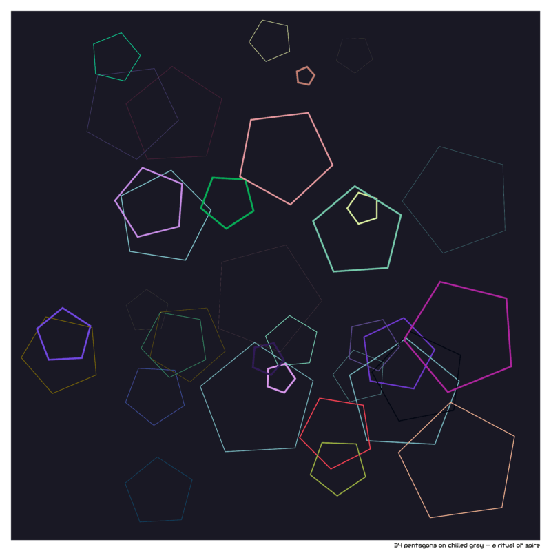 34 pentagons on chilled gray — a ritual of spire