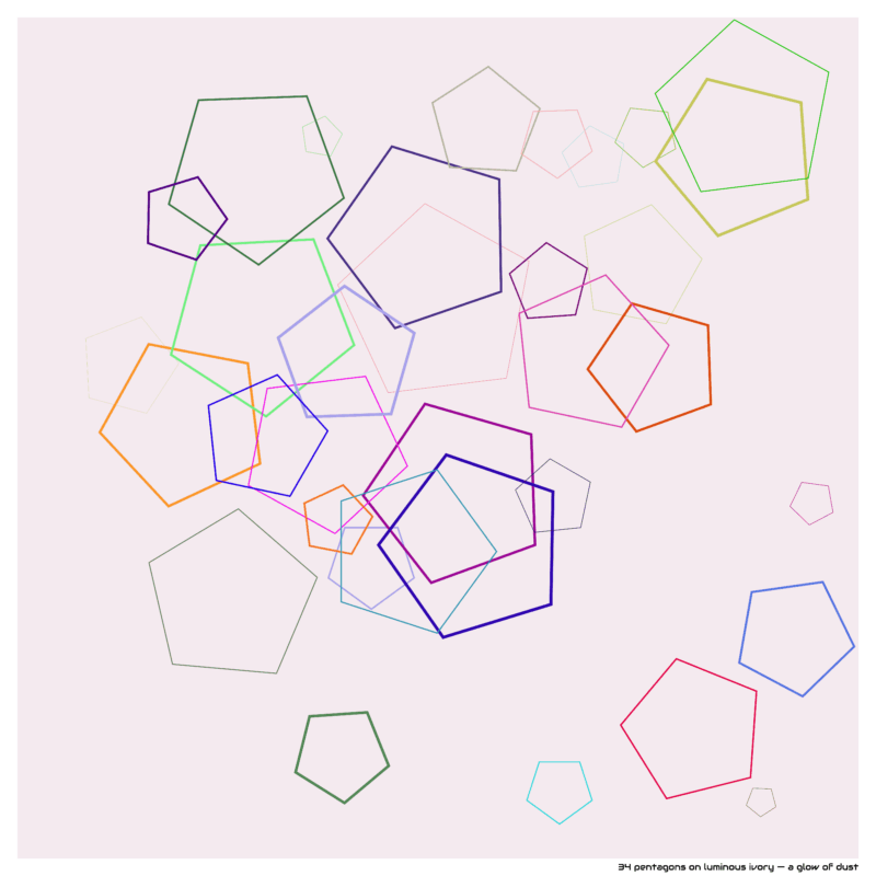 34 pentagons on luminous ivory — a glow of dust