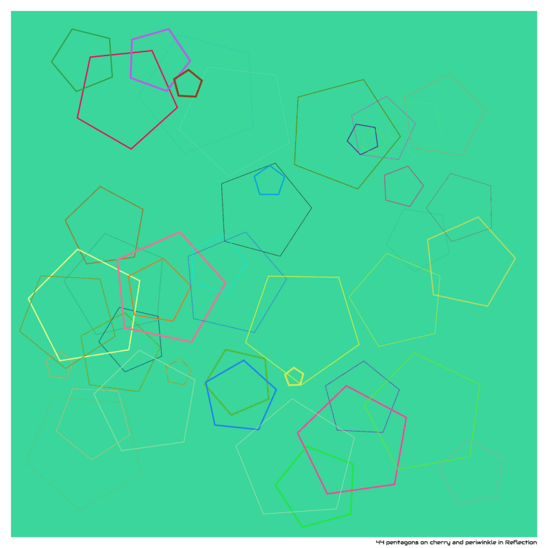 44 pentagons on cherry and periwinkle in Reflection